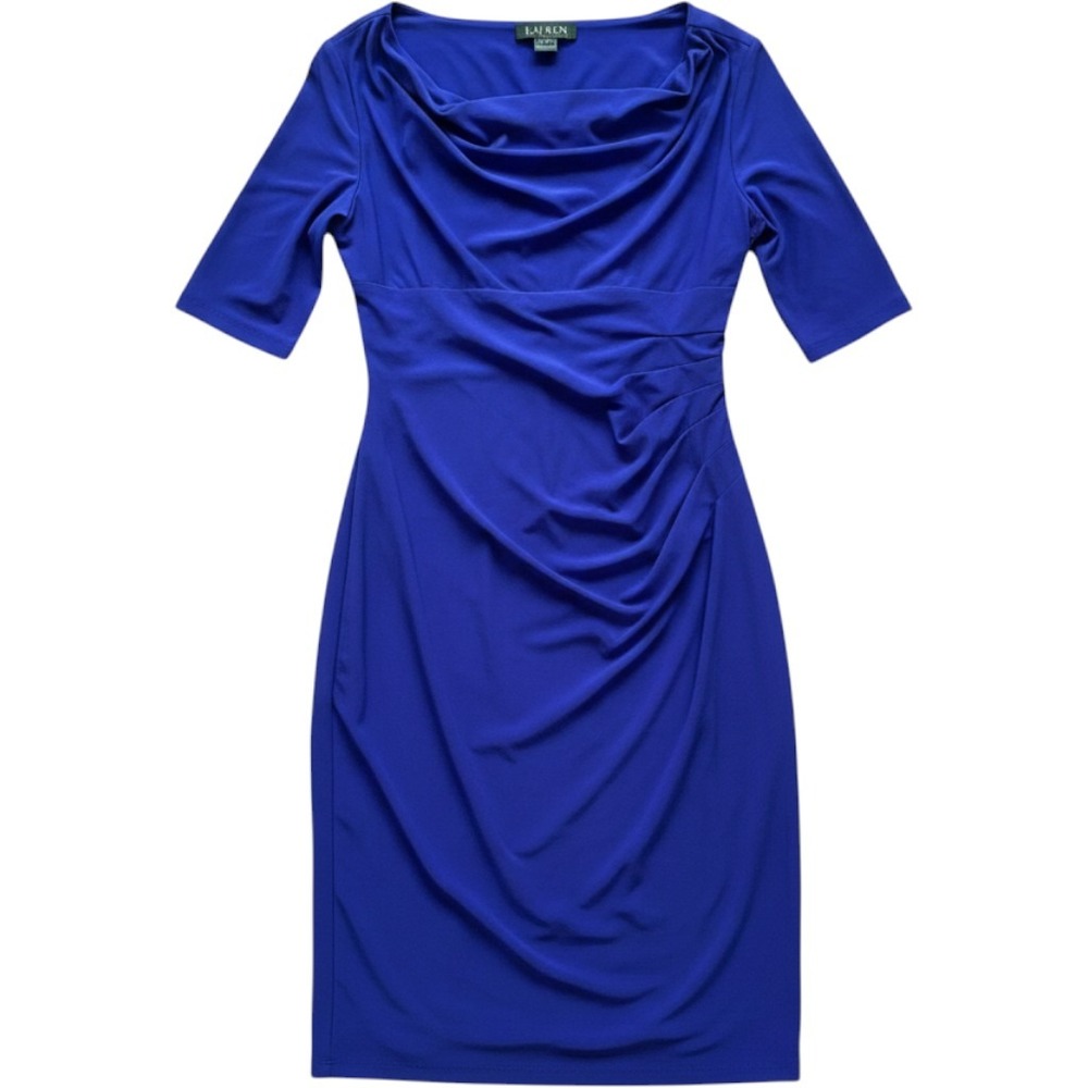 Lauren Ralph Lauren Cobalt Blue Ruched Midi Dress Size 8 Cowl Neck Cocktail
